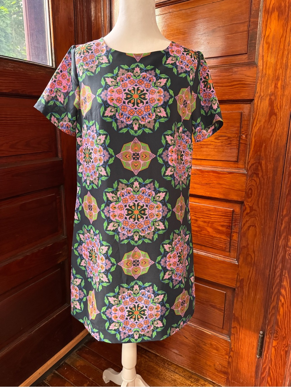 J. Crew Black Mini Dress with Pink and Green Medallion Print